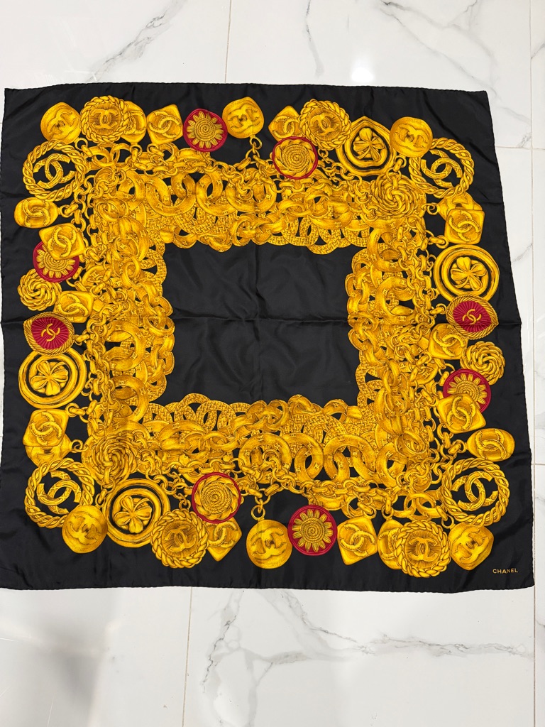 Chanel Vintage Black & Gold Chain Motif Silk Scarf